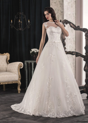 Sheer Neckline Ivory Lace Tulle Corset Back Minimalist Wedding Dress 